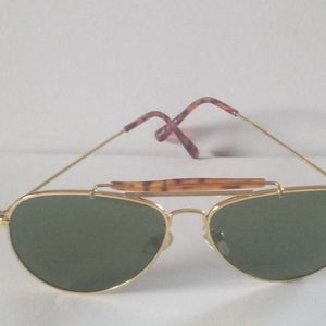 Vintage Gold Unisex Aviator Sunglasses w/ Green Glass Lenses Tortoise Bridge NOS